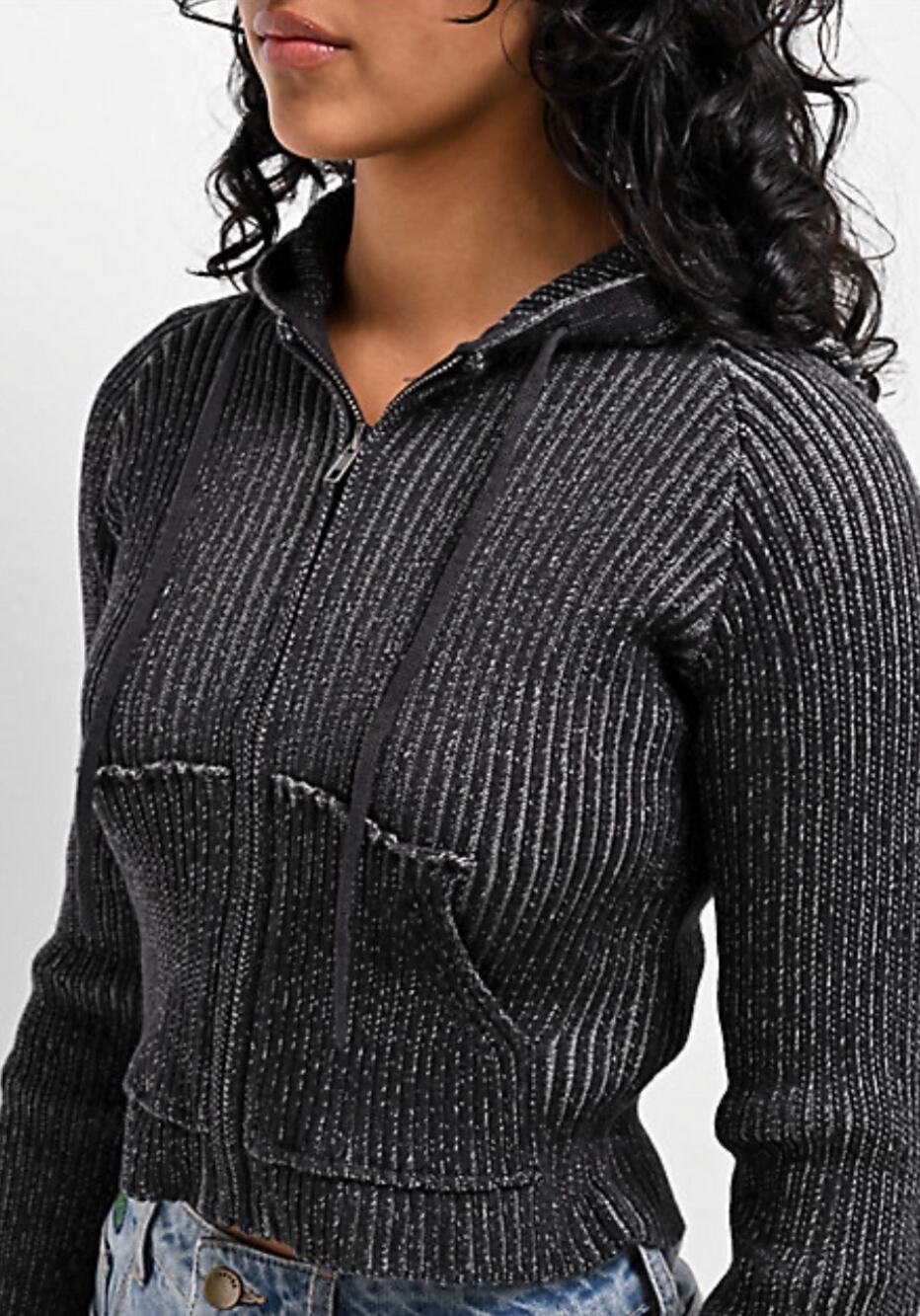 Zumiez Crop Ribbed Full-Zip Hoodie Medium 100% Cotton Gray Grunge Heavyweight